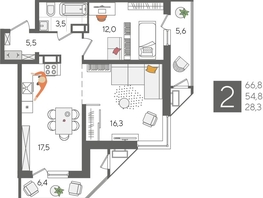 Продается 2-комнатная квартира ЖК Рекорд 2, литера 4, 66.8  м&sup2;, 14328600 рублей