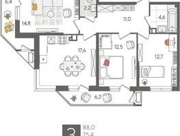 Продается 3-комнатная квартира ЖК Рекорд 2, литера 1, 88  м&sup2;, 17564800 рублей