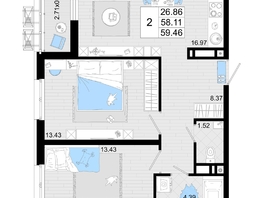 Продается 2-комнатная квартира ЖК Фонтаны, литер 19, 59.46  м&sup2;, 10108200 рублей