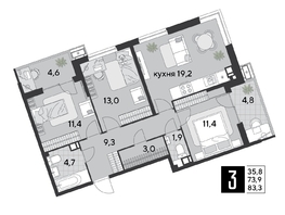 Продается 3-комнатная квартира ЖК Парк Победы 2, литера 19, 83.3  м&sup2;, 12003530 рублей