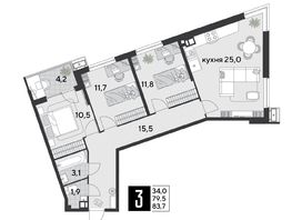 Продается 3-комнатная квартира ЖК Парк Победы 2, литера 21, 83.7  м&sup2;, 11877030 рублей