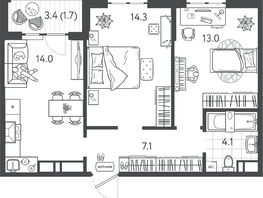 Продается 2-комнатная квартира ЖК Все Свои ВИП, литер 7, 54.25  м&sup2;, 15190000 рублей
