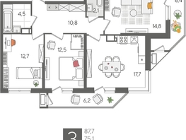 Продается 3-комнатная квартира ЖК Рекорд 2, литера 5, 87.7  м&sup2;, 17829410 рублей