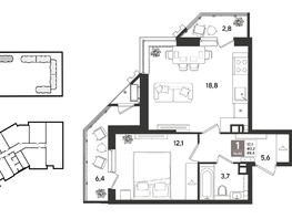 Продается 1-комнатная квартира ЖК Рекорд 2, литера 2, 49.7  м&sup2;, 12648650 рублей