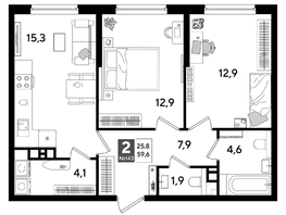 Продается 2-комнатная квартира ЖК ДОГМА ПАРК, литера 16, 59.6  м&sup2;, 9673080 рублей