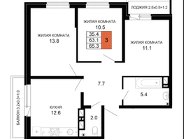 Продается 3-комнатная квартира ЖК «Дыхание», 65.3  м&sup2;, 6030000 рублей