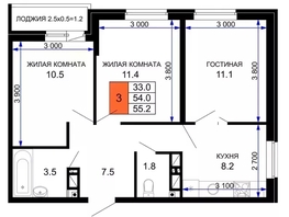 Продается 3-комнатная квартира ЖК «Дыхание», 55.2  м&sup2;, 5120000 рублей