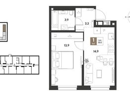 Продается 1-комнатная квартира ЖК ГРЕЙД, литер 13, 36  м&sup2;, 6408000 рублей