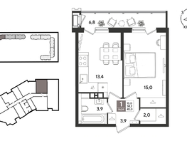 Продается 1-комнатная квартира ЖК Рекорд 2, литера 2, 44.5  м&sup2;, 10657750 рублей