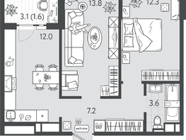 Продается 2-комнатная квартира ЖК Все Свои ВИП, литер 4, 50.2  м&sup2;, 11797000 рублей