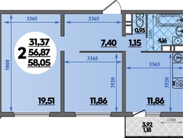 Продается 2-комнатная квартира ЖК Восточный, литера 2, 58.05  м&sup2;, 8284699 рублей