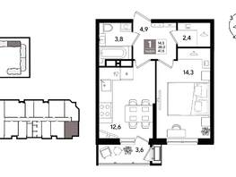 Продается 1-комнатная квартира ЖК Рекорд 2, литера 1, 41  м&sup2;, 10299200 рублей