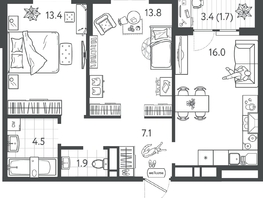 Продается 2-комнатная квартира ЖК Все Свои ВИП, литер 7, 58.5  м&sup2;, 11992500 рублей