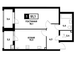 Продается 1-комнатная квартира ЖК Кварталы 17/77, литер 4.1, 51.1  м², 5166210 рублей