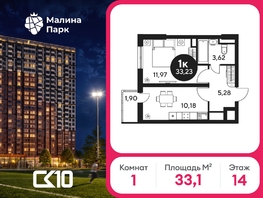 Продается 1-комнатная квартира ЖК Малина Парк, дом 2, 33.11  м&sup2;, 3751442 рублей