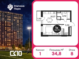 Продается 1-комнатная квартира ЖК Малина Парк, дом 2, 34.68  м&sup2;, 3959388 рублей