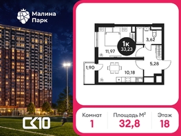 Продается 1-комнатная квартира ЖК Малина Парк, дом 2, 34.5  м&sup2;, 4490000 рублей