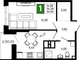 Продается 1-комнатная квартира ЖК Октябрь Парк, 4.1, 35.65  м², 4848400 рублей