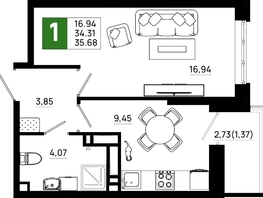Продается 1-комнатная квартира ЖК Октябрь Парк, 6.2, 35.68 м², 4923840 рублей
