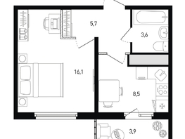 Продается 1-комнатная квартира ЖК 5 элемент Аске, лит 5-11 стр.1, сек.1,2,3,4, 35.1  м², 5398380 рублей