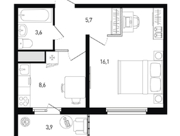 Продается 1-комнатная квартира ЖК 5 элемент Аске, лит 5-12 стр.2, сек.3,4,5,6, 35.2  м², 5477472 рублей