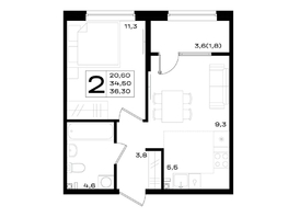 Продается 2-комнатная квартира ЖК Придонье, 36.3  м², 4537500 рублей