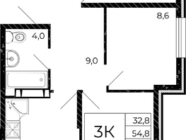 Продается 3-комнатная квартира ЖК Флора, литера 2.1, 56.4  м², 7332000 рублей