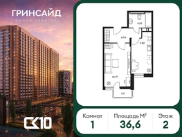 Продается 1-комнатная квартира ЖК Гринсайд, 5.1-5.5, 36.59  м&sup2;, 7160000 рублей